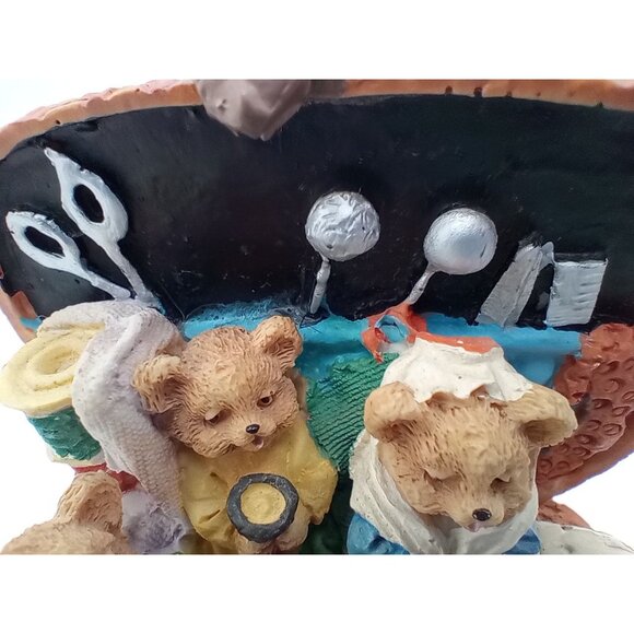 Teddy Bear Family in Sewing Basket Scene Knick Knack Vintage 3.25 Crafting Gift - Picture 3 of 16